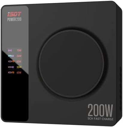 ISDT Power 200x 200W USB C DESCTOP Станица за полнење - 4+1 порта компатибилни со MacBook Pro/Air, iPad, iPhone, Galaxy,