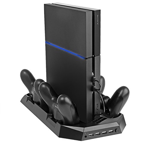 Појазија Вертикален Штанд Со Двојни Вентилатори За Ладење и 4 Станица за Полнач За Полнење За Playstation 4 Конзола
