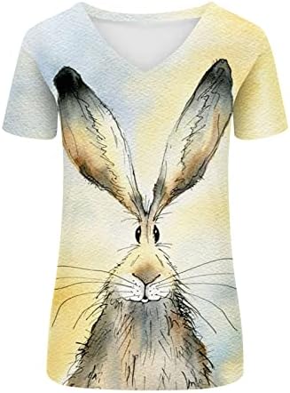 Блуза екипа за кратки ракави со кратки ракави длабоко против вратот памук цветни графички каваи животински зајаче