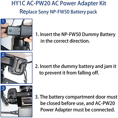 NP-FW50 за Sony A6000 A6400 Dummy Battery, HY1C AC-PW20 AC адаптер за напојување компатибилен со Sony Alpha ZV-E10