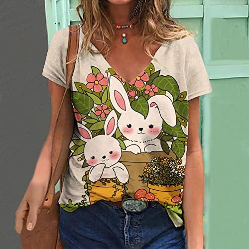 Велигденски кошули за жени секси V-вратот кратки ракави маички врвни зајаци печатени обични маици удобни пулвер