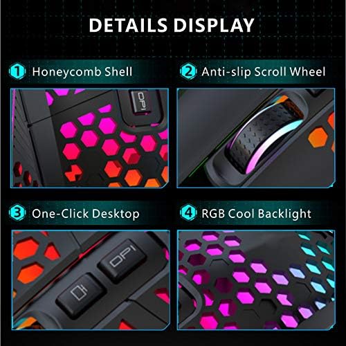 Uiosmuph x801 Wired Gaming Mouse, глушец со лесни игри со саќе, со RGB позадинско осветлување, 7 програмибилни