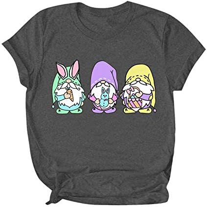 Смешна велигденска кошула жени слатки гноми зајаче јајца печатени маици лабави вклопени тркалезни врат кратки