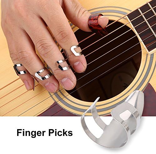 15 парчиња прсти за гитара изберете отворен дизајн со прсти од прсти од не'рѓосувачки челик, прилагодлив пликтум