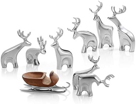 Намбе Божиќен украс сет - Минималистички метални минијатурни ирваси фигурини 9 парчиња и вклучува дрвена санки - изработена